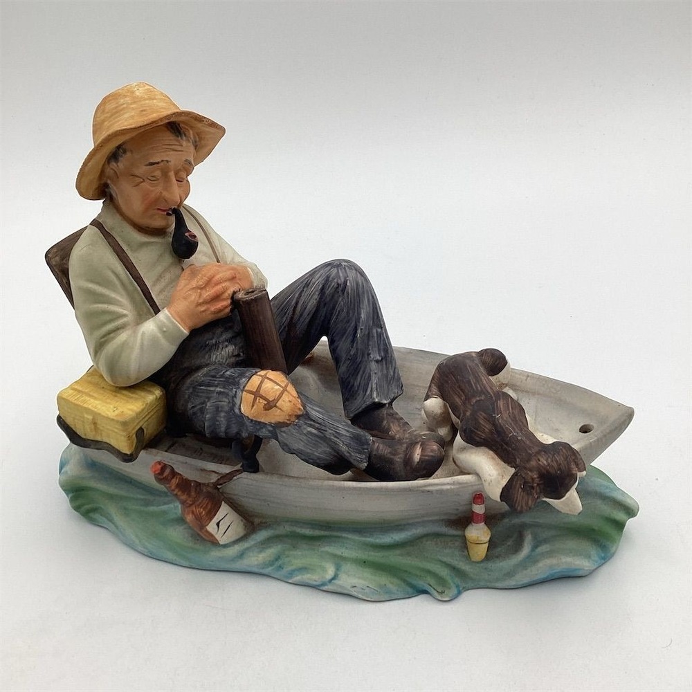 Vintage Ceramic Sleeping Fisherman with Dog‎ Figurine Nautical Decor